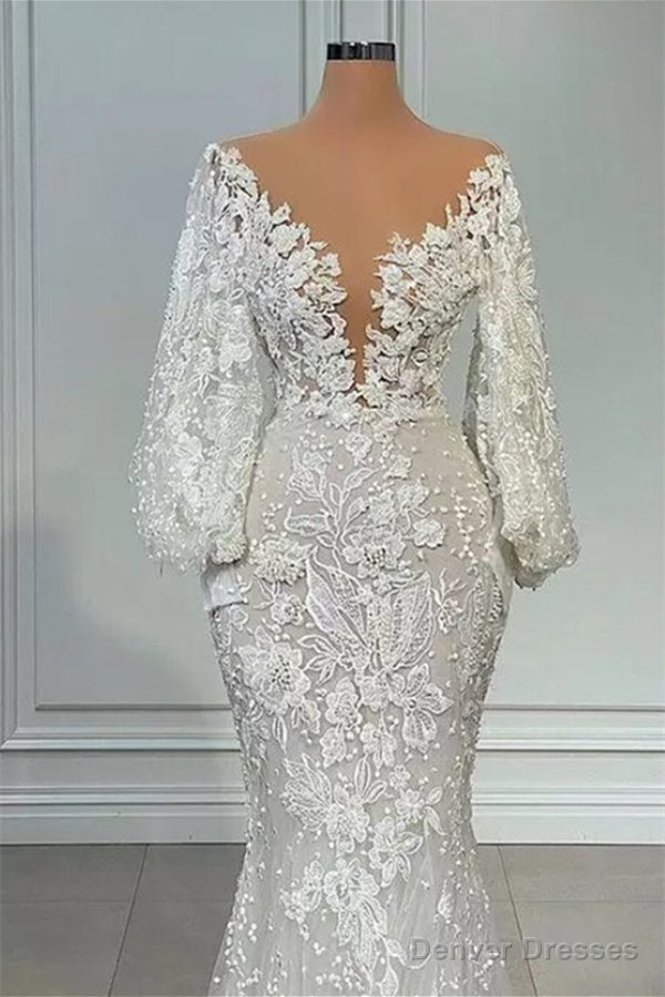 Mermaid V-neck Lace Floor-length Long Sleeve Applique Beaded Wedding Dress