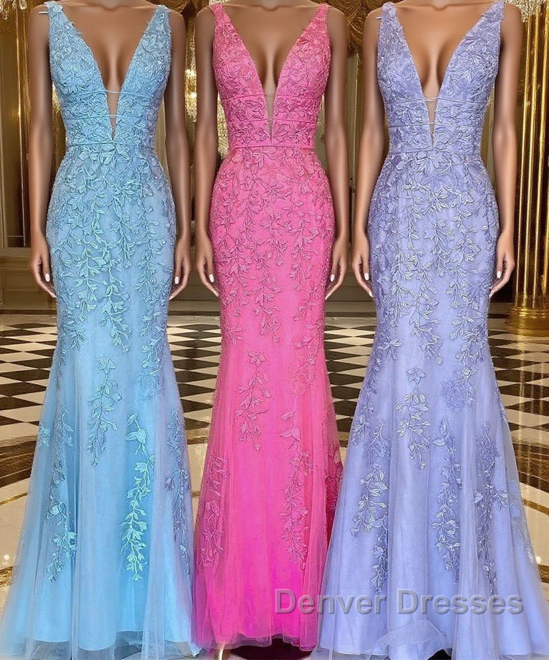 Mermaid V Neck Open Back Lace Long Prom Dress, Mermaid Formal Evening Dress Main image