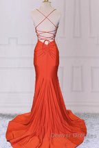 Mermaid V Neck Orange Prom Dress Spaghetti Straps