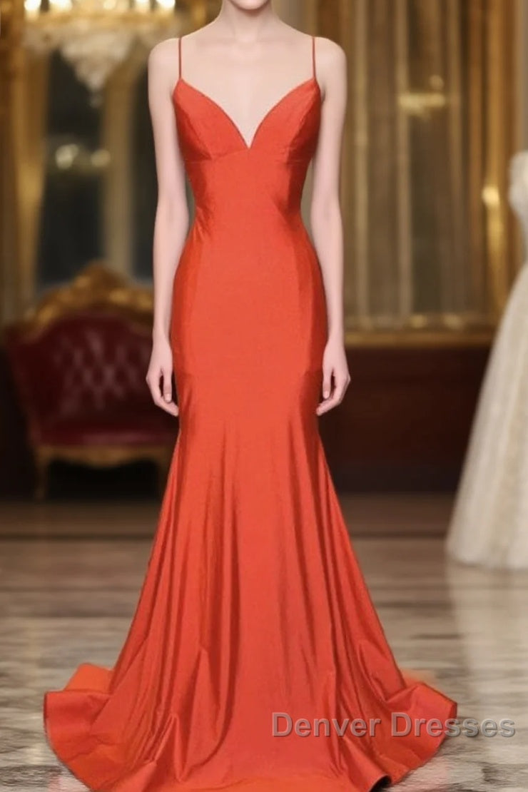 Mermaid V Neck Orange Prom Dress Spaghetti Straps
