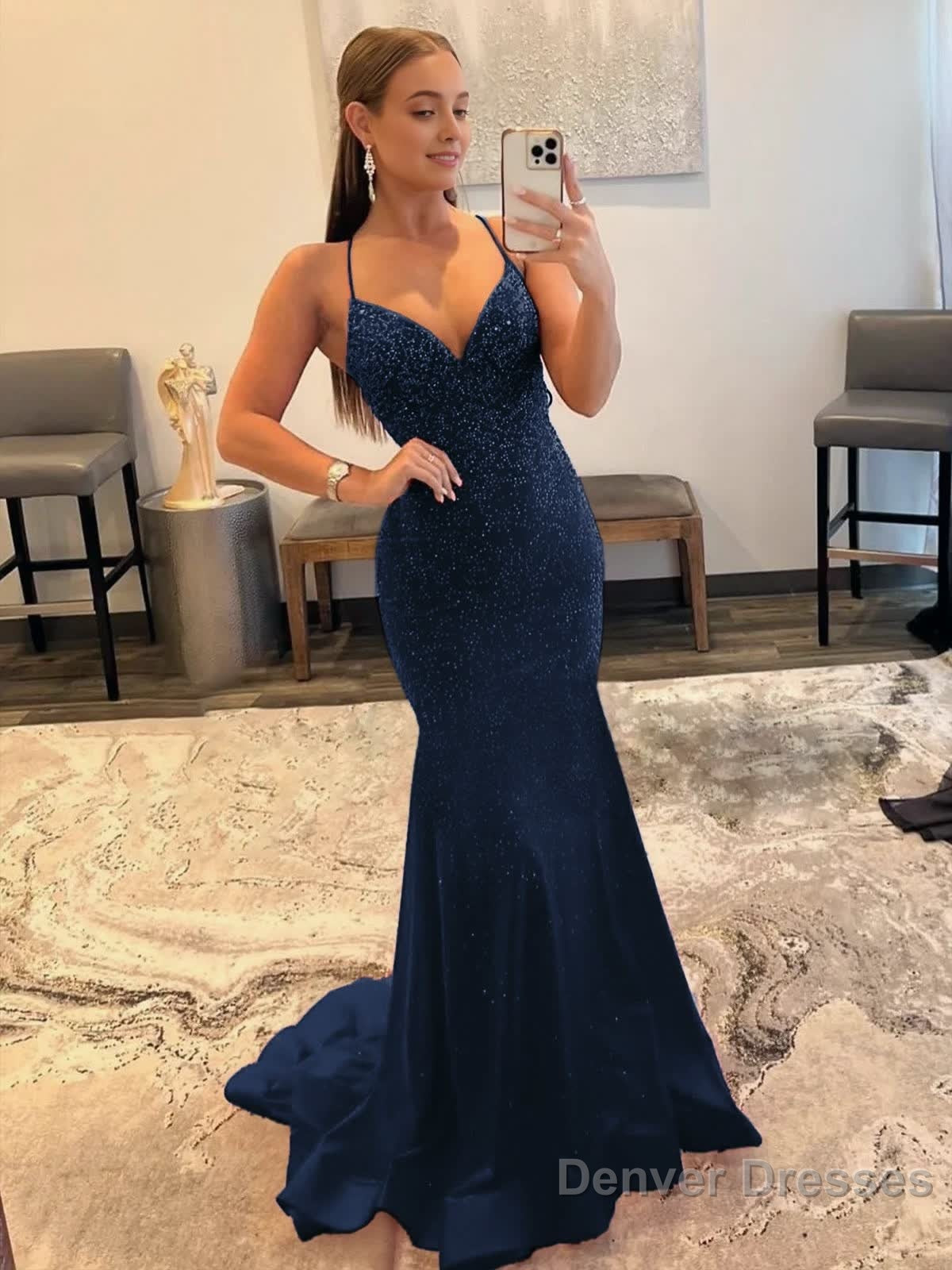 Mermaid V Neck Red Glitter Satin Prom Dress