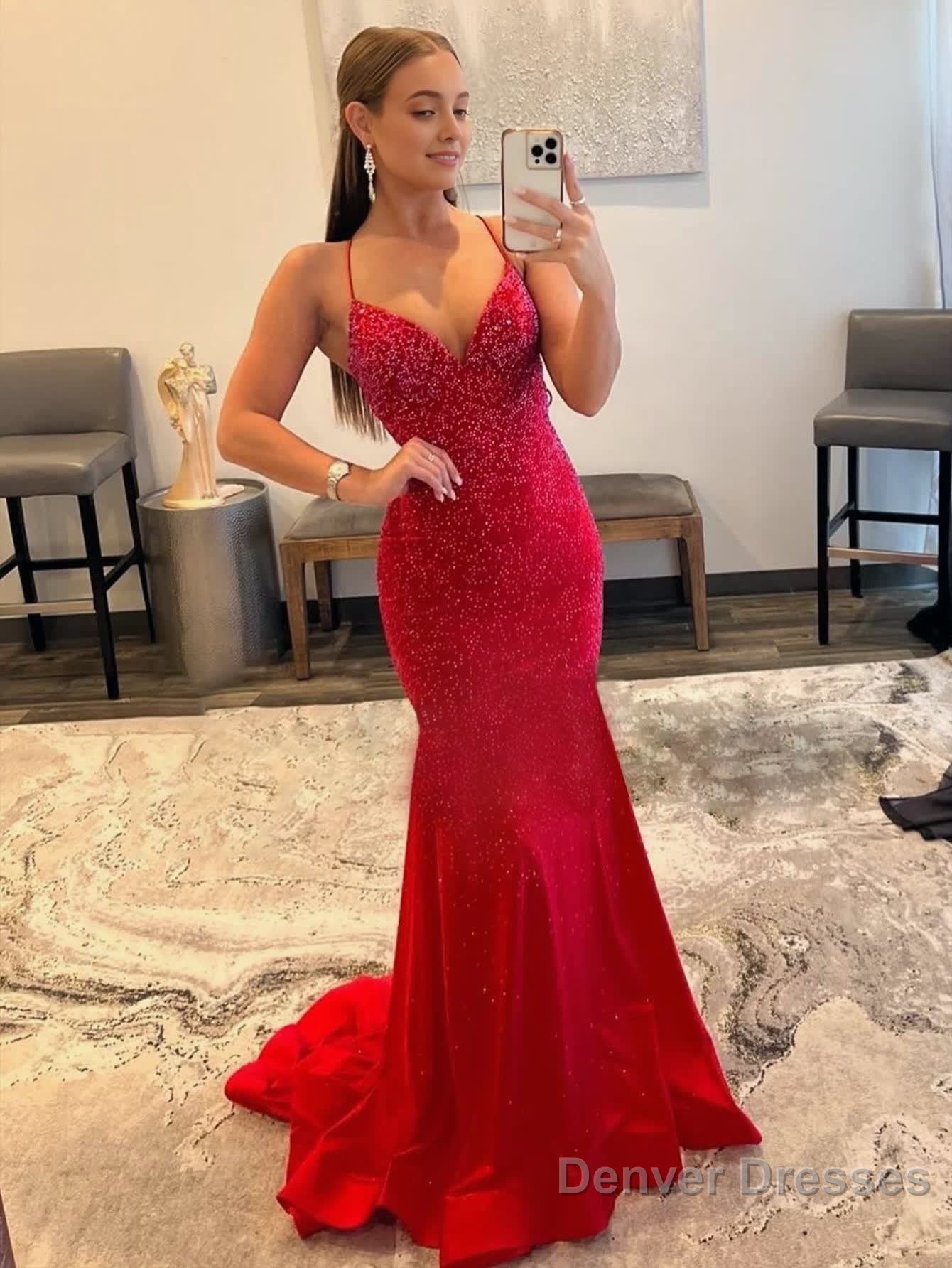 Mermaid V Neck Red Glitter Satin Prom Dress Main image