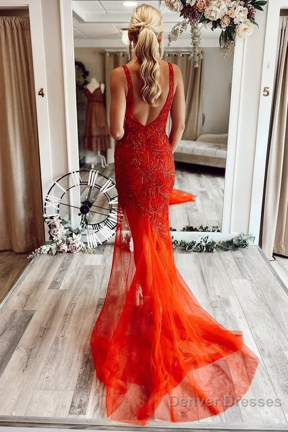 Mermaid V Neck Red Long Prom Dress with Embroidery Secondary image