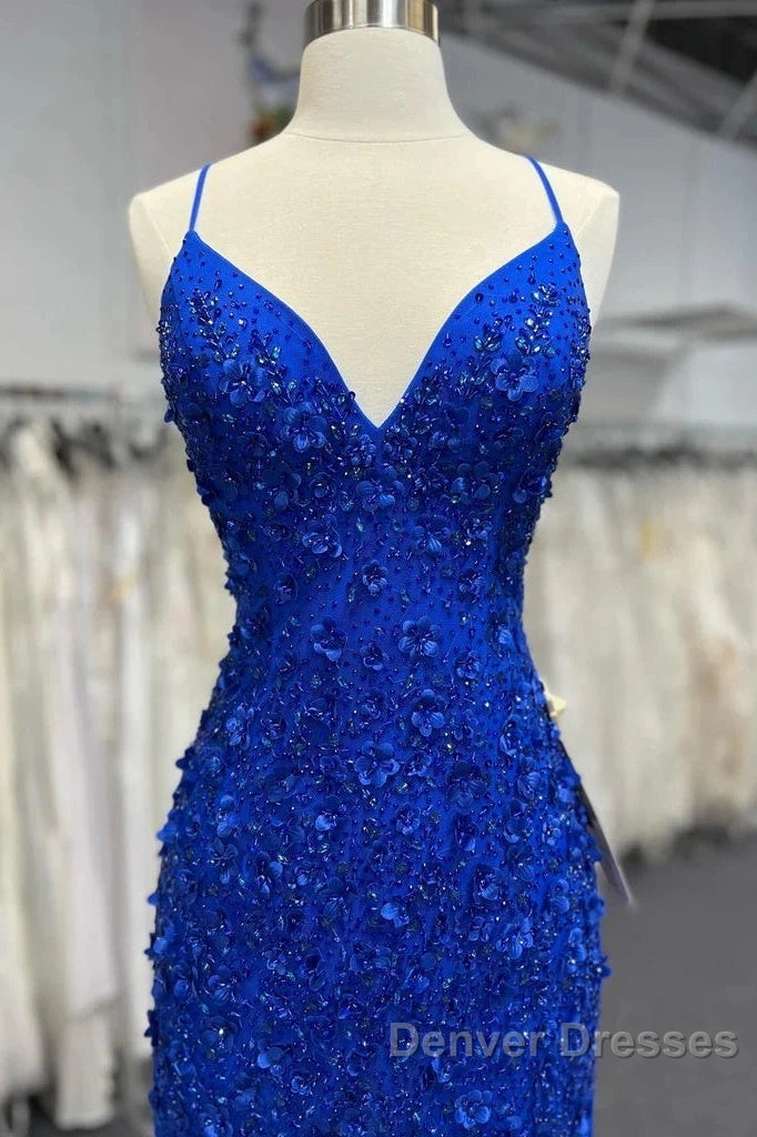 Mermaid V Neck Royal Blue Beade Applique Tulle Long Prom Dress, Evening Dress Secondary image