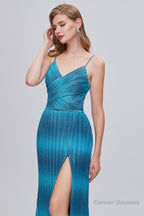 Mermaid V-Neck Ruched Long Prom Dresses with Slit