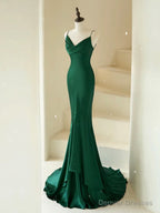 Mermaid V Neck Satin Green Long Prom Dress, Green Long Evening Dress
