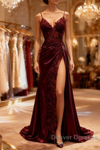 Mermaid V Neck Satin Lace Burgundy Long Prom Dress, Burgundy Long Formal Dress