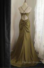 Mermaid V-Neck Satin Long Prom Dress Elegant Spaghetti Strap Formal Dress