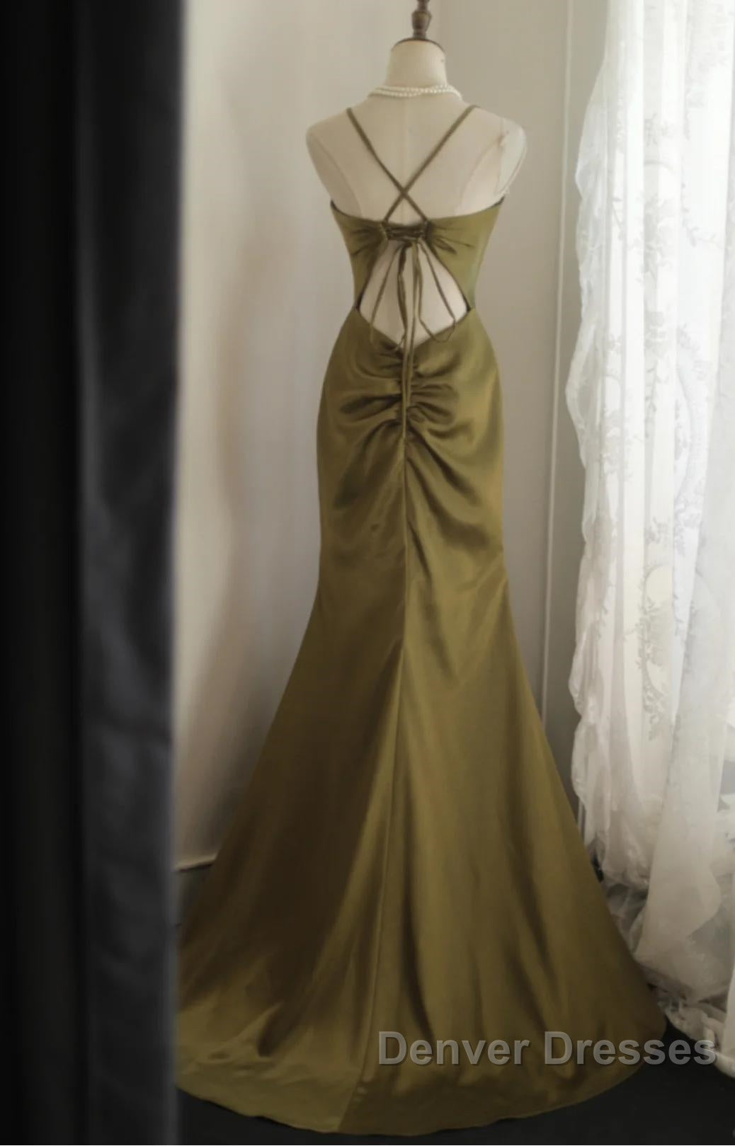 Mermaid V-Neck Satin Long Prom Dress Elegant Spaghetti Strap Formal Dress