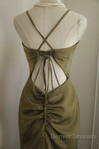 Mermaid V-Neck Satin Long Prom Dress Elegant Spaghetti Strap Formal Dress