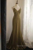 Mermaid V-Neck Satin Long Prom Dress Elegant Spaghetti Strap Formal Dress