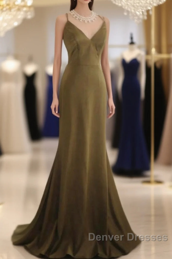 Mermaid V-Neck Satin Long Prom Dress Elegant Spaghetti Strap Formal Dress