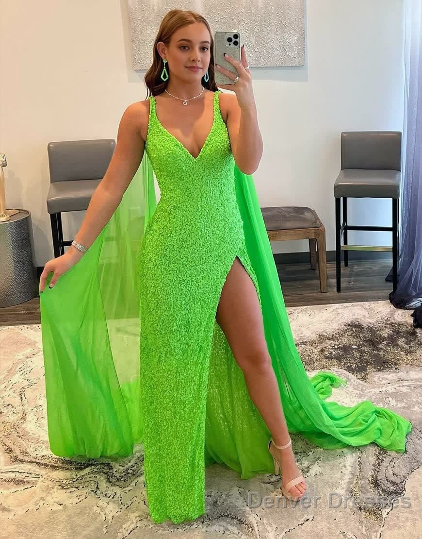 Mermaid V Neck Sequin Prom Dress with Slit