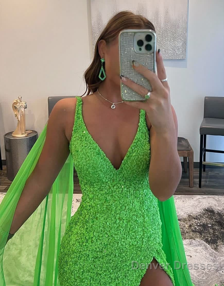 Mermaid V Neck Sequin Prom Dress with Slit
