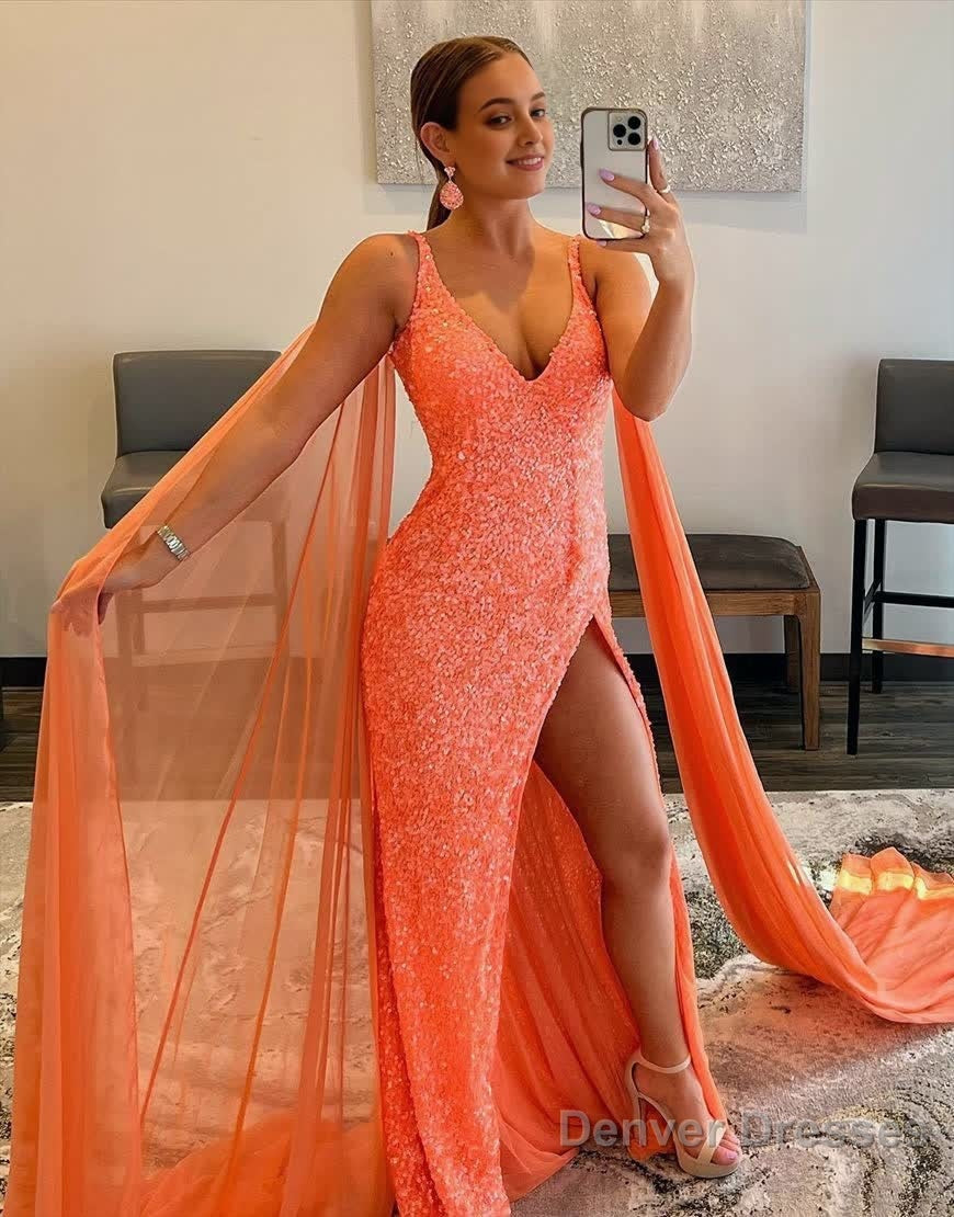 Mermaid V Neck Sequin Prom Dress with Slit