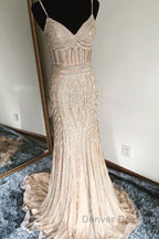 Mermaid V Neck Sequined Black Prom Dress Spaghetti Straps
