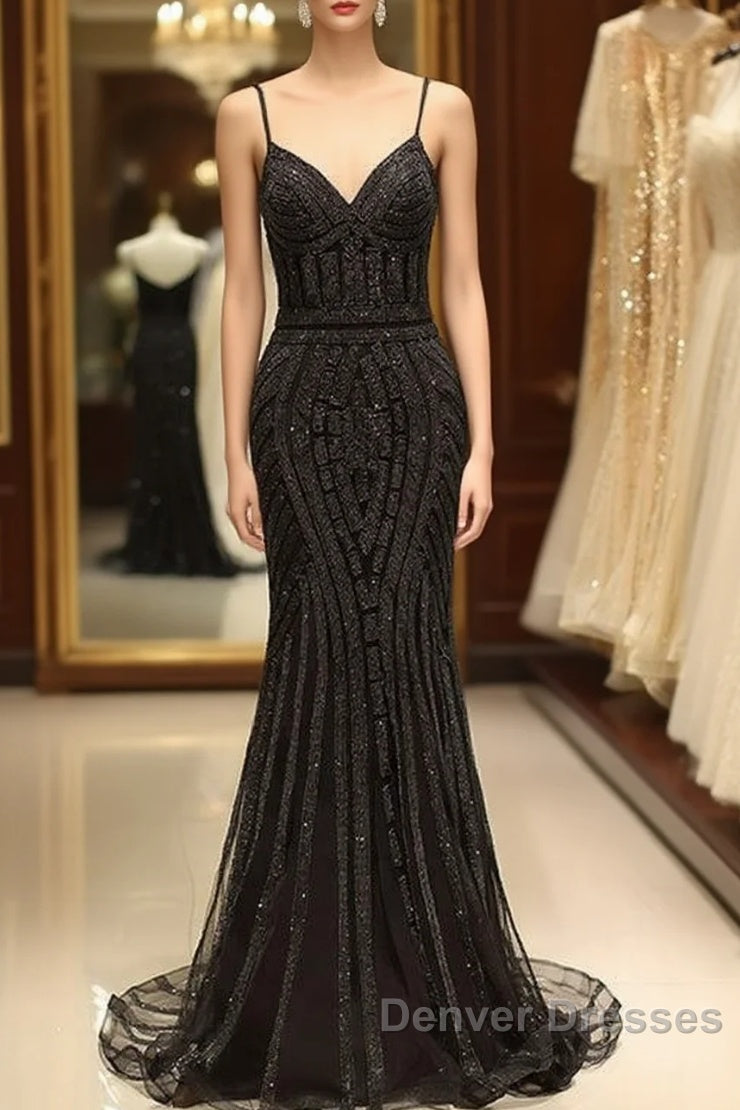 Mermaid V Neck Sequined Black Prom Dress Spaghetti Straps Main image