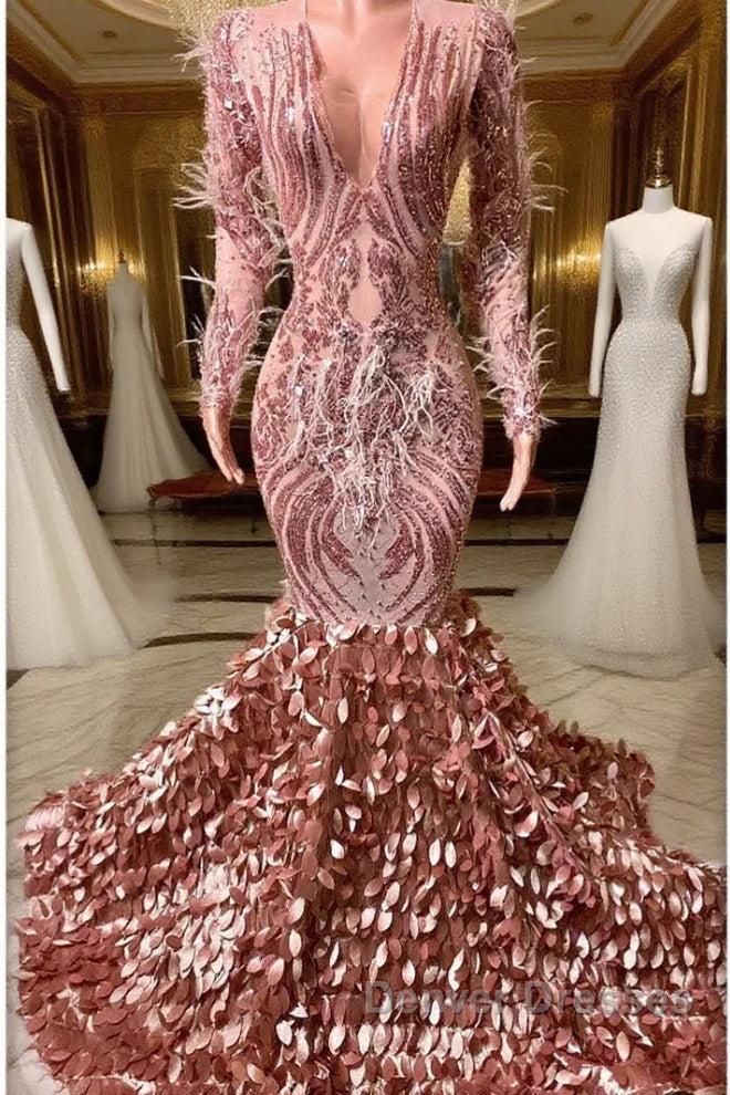 Mermaid V-neck Sequined Floor-length Long Sleeve Lace Prom Dress With Feather Main image