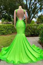 Mermaid V-Neck Sequined Open Back Floor-Length Sleeveless Lace Beading Prom Dress