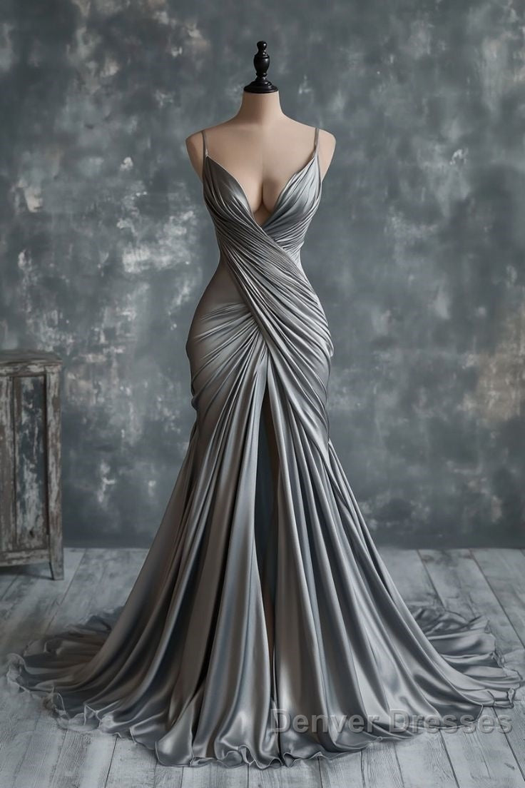 Mermaid V Neck Silver Spaghetti Straps Satin Long Prom Dress Sexy Evening Dress Secondary image