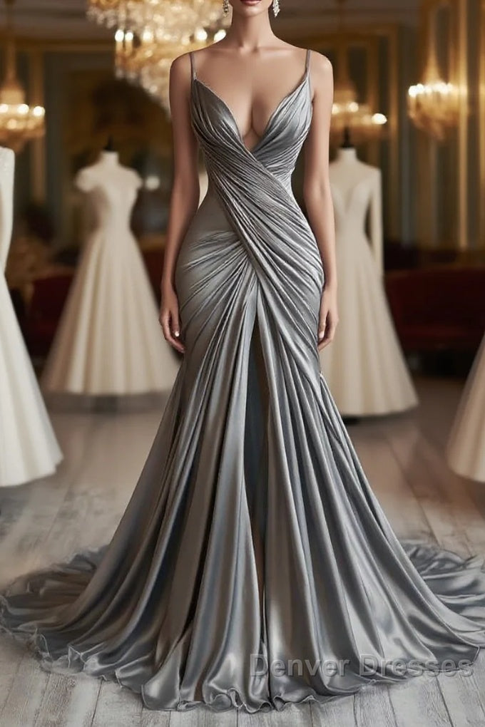 Mermaid V Neck Silver Spaghetti Straps Satin Long Prom Dress Sexy Evening Dress Main image