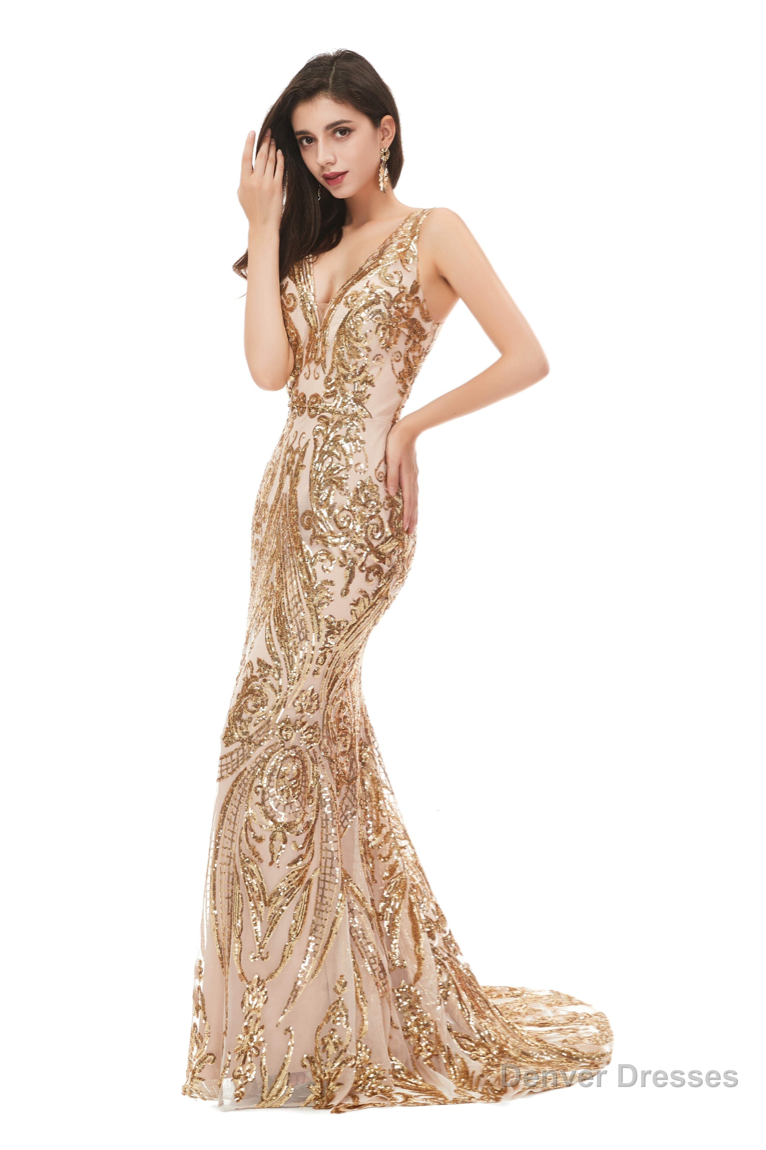 Mermaid V Neck Sleeveless Sequind Long Prom Dresses