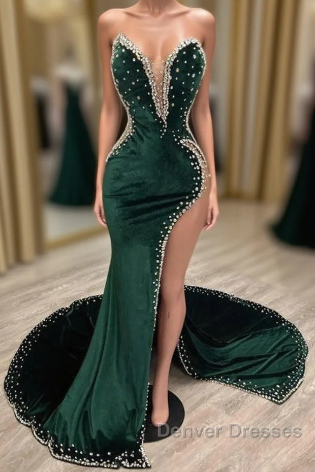 Mermaid V-neck Spaghetti strap Beaded High Split Floor-length Sleeveless Prom Dress Main image