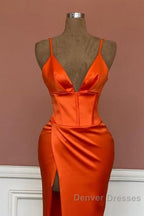 Mermaid V-Neck Spaghetti Straps Satin Dress With Slit
