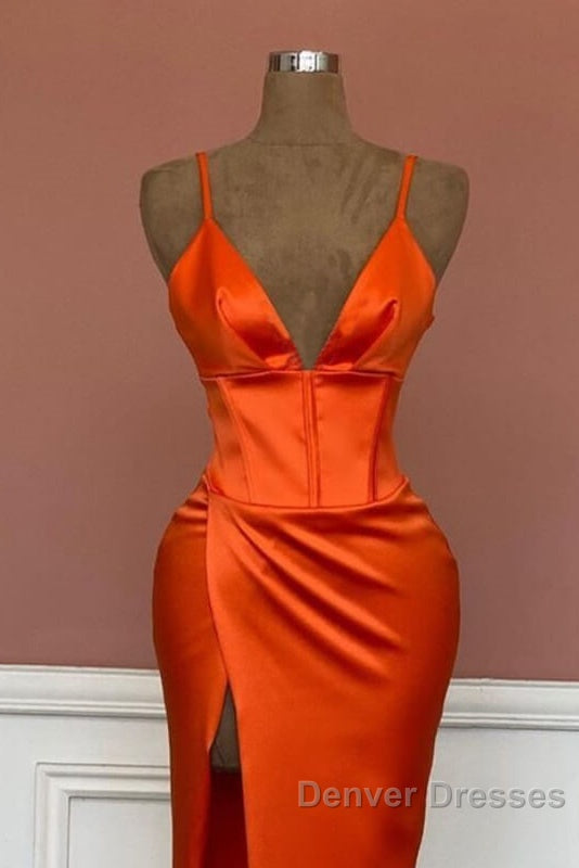 Mermaid V-Neck Spaghetti Straps Satin Dress With Slit