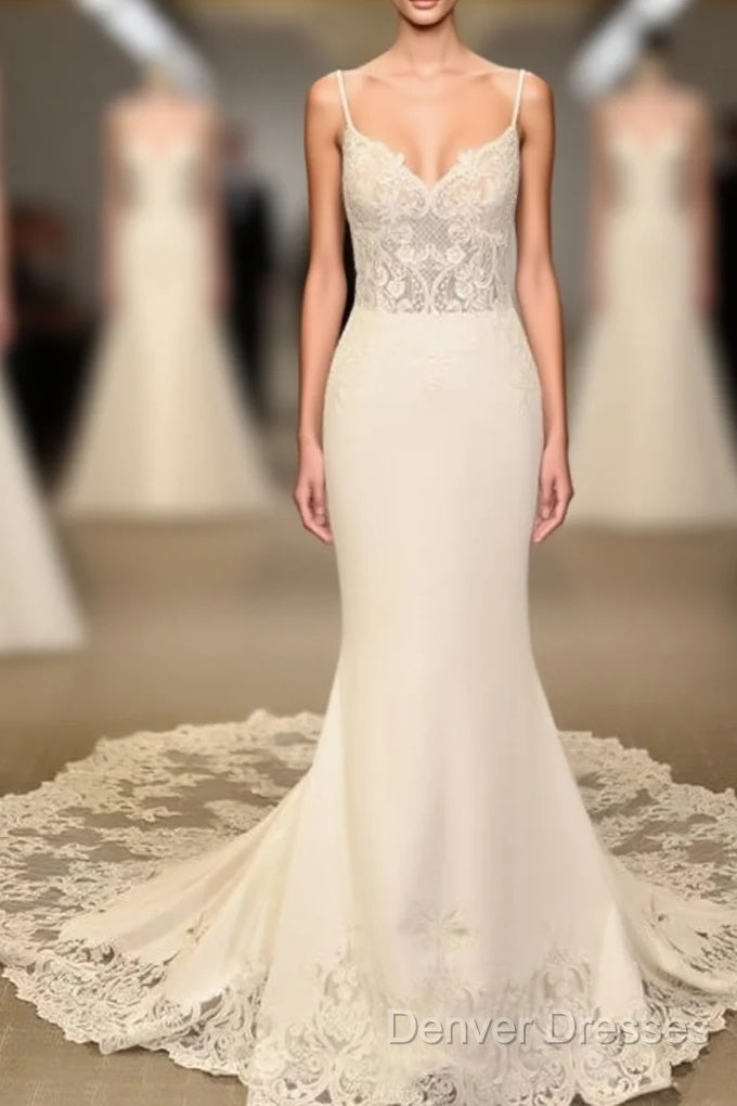 Mermaid V Neck Sweep Train Wedding Dress Lace Appliques Main image