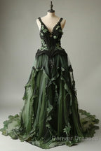 Mermaid V-Neck Tulle Applique Long Prom Dress Vintage Lace Formal Evening Dress