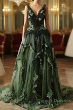 Mermaid V-Neck Tulle Applique Long Prom Dress Vintage Lace Formal Evening Dress