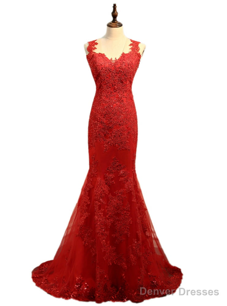 Mermaid V-neck Tulle Appliques Lace See Through Sexy Long Prom Dresses Main image