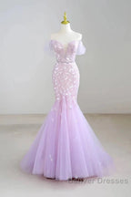 Mermaid V Neck Tulle Sequin Purple Long Prom Dress Formal Dress