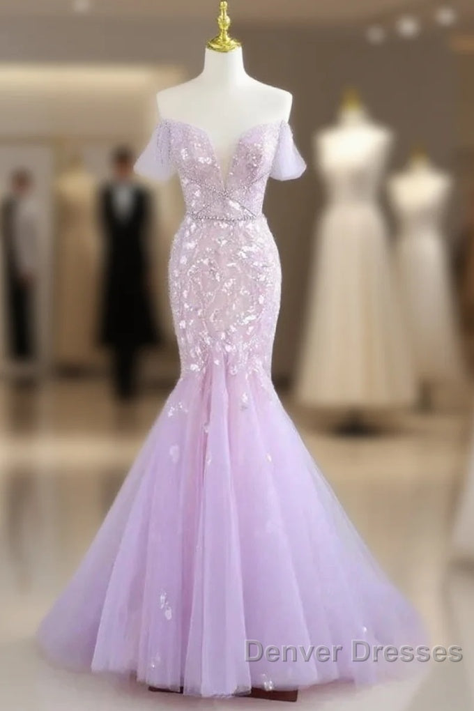 Mermaid V Neck Tulle Sequin Purple Long Prom Dress Formal Dress Main image