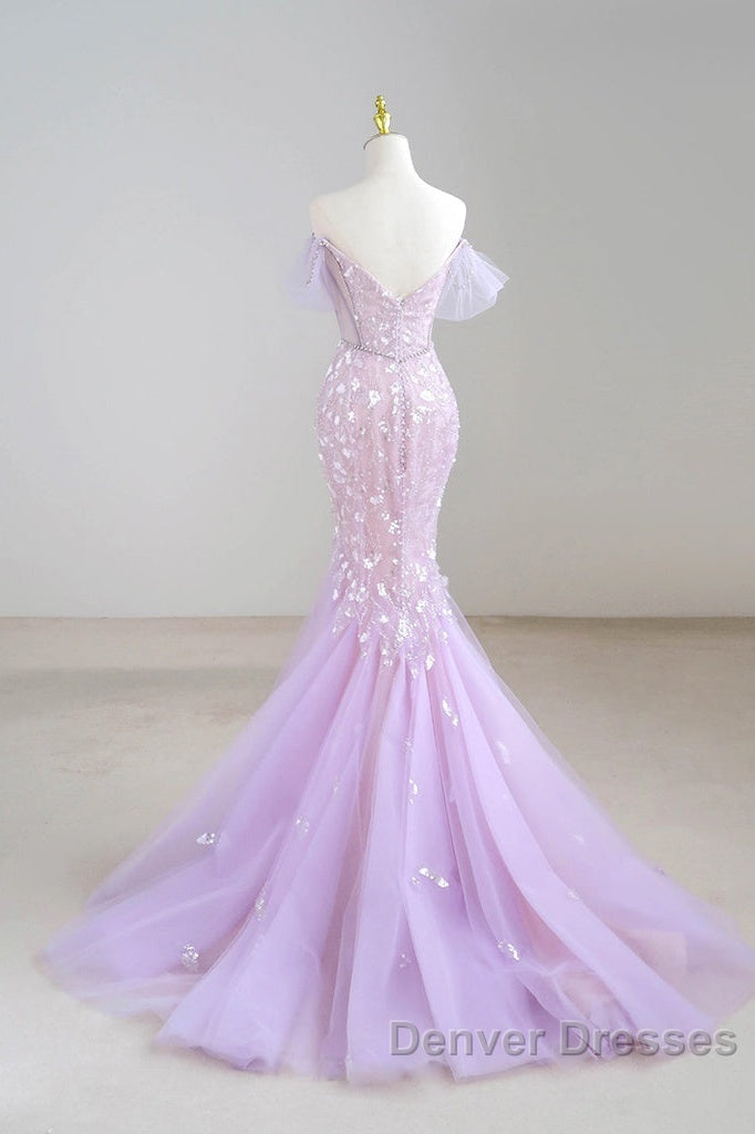 Mermaid V Neck Tulle Sequin Purple Long Prom Dress, Purple Long Formal Dress