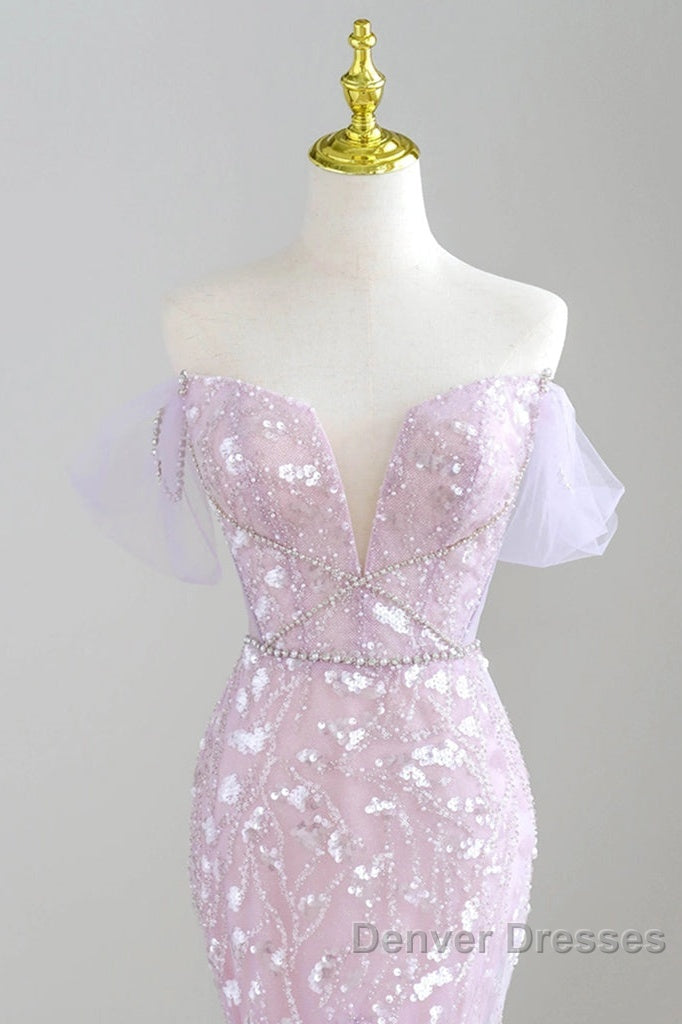 Mermaid V Neck Tulle Sequin Purple Long Prom Dress, Purple Long Formal Dress