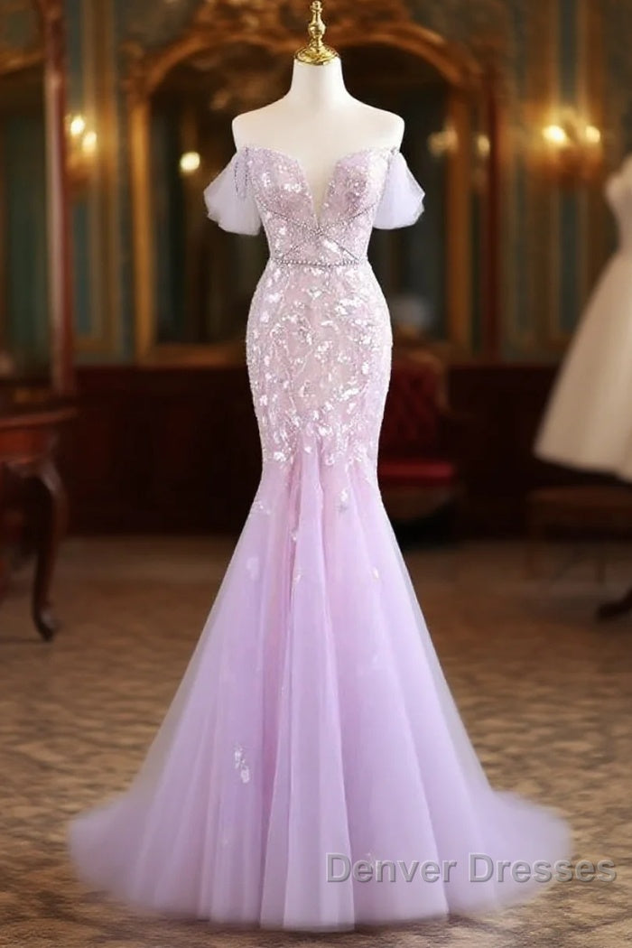 Mermaid V Neck Tulle Sequin Purple Long Prom Dress, Purple Long Formal Dress Main image
