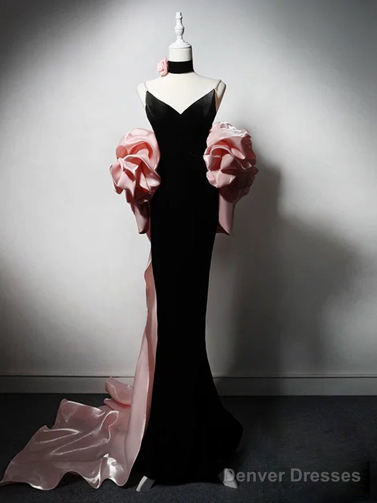 Mermaid V Neck Velvet Black Long Prom Dress, Black Party Dress Main image