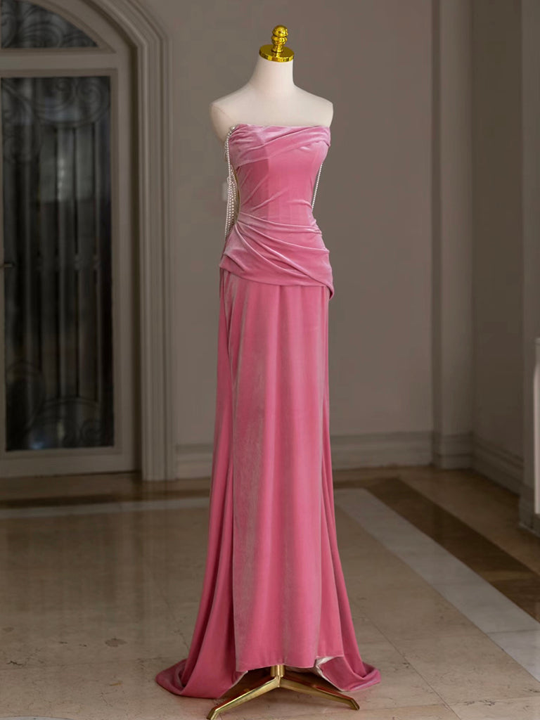 Mermaid Velvet Beads Pink Long Prom Dress, Pink Long Formal Dress Main image