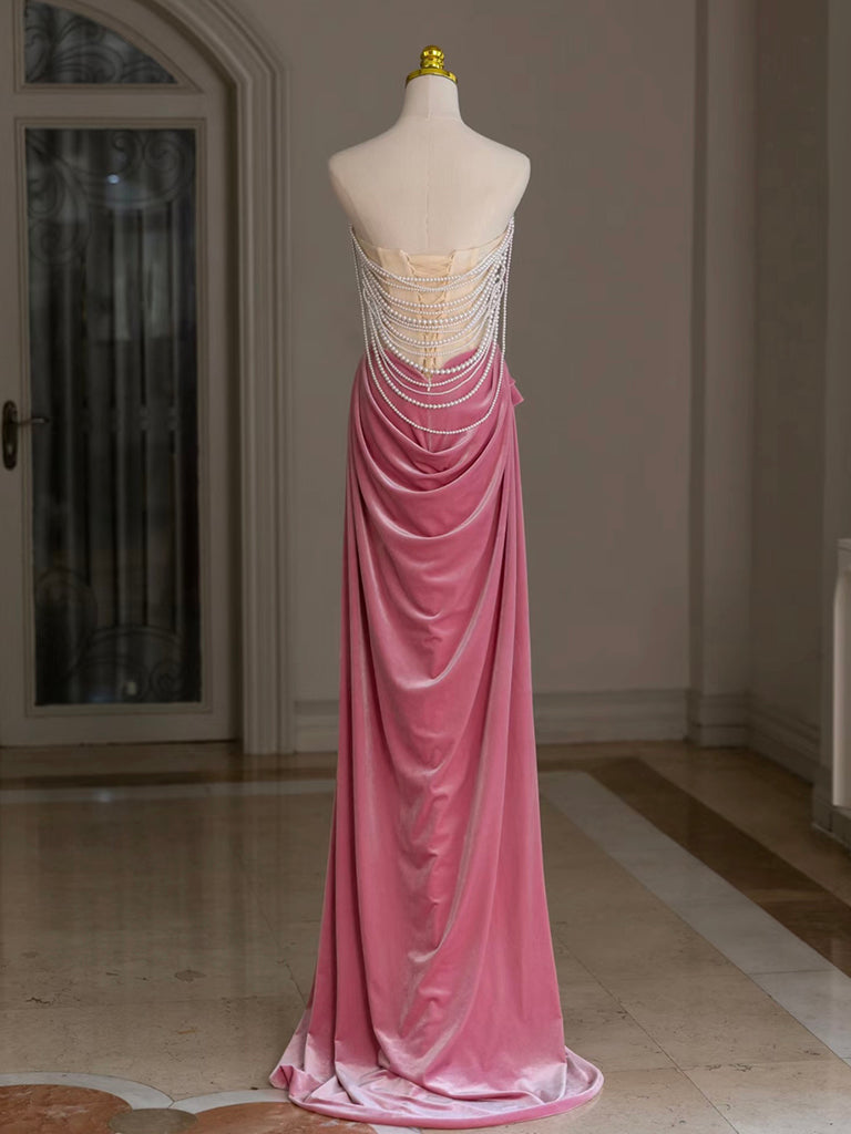 Mermaid Velvet Beads Pink Long Prom Dress, Pink Long Formal Dress Secondary image