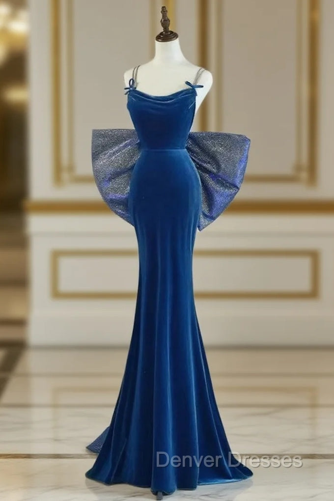 Mermaid Velvet Blue Long Prom Dress, Blue Long Formal Dress Main image