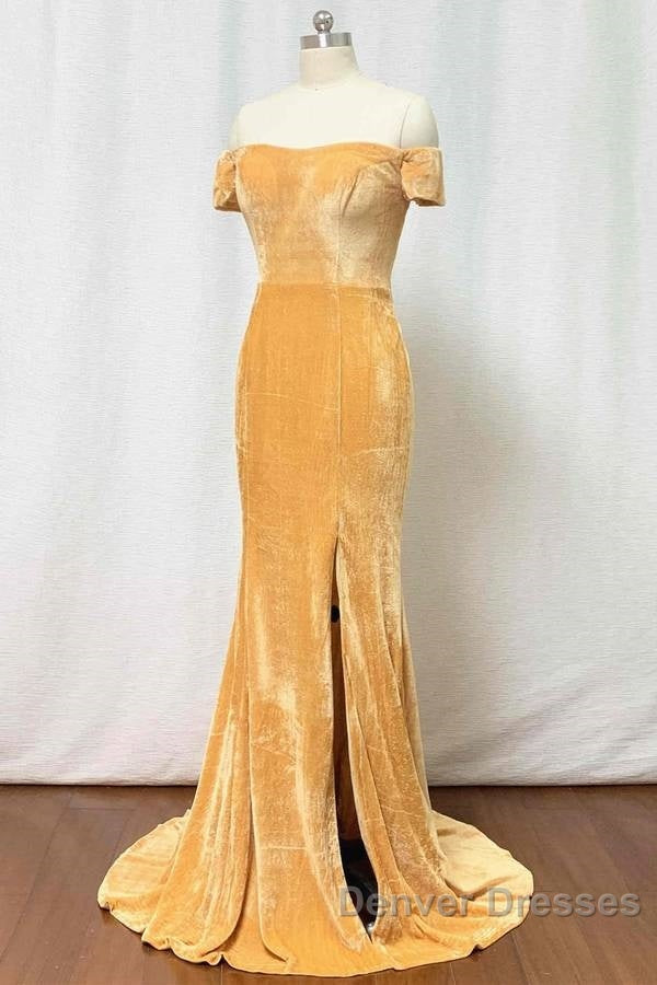 Mermaid Velvet Bridesmaid Dress Off Shoulder Gold Wedding Formal Dress Secondary image