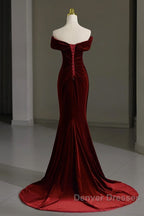 Mermaid Velvet Burgundy Long Prom Dress, Burgundy Long Evening Dress