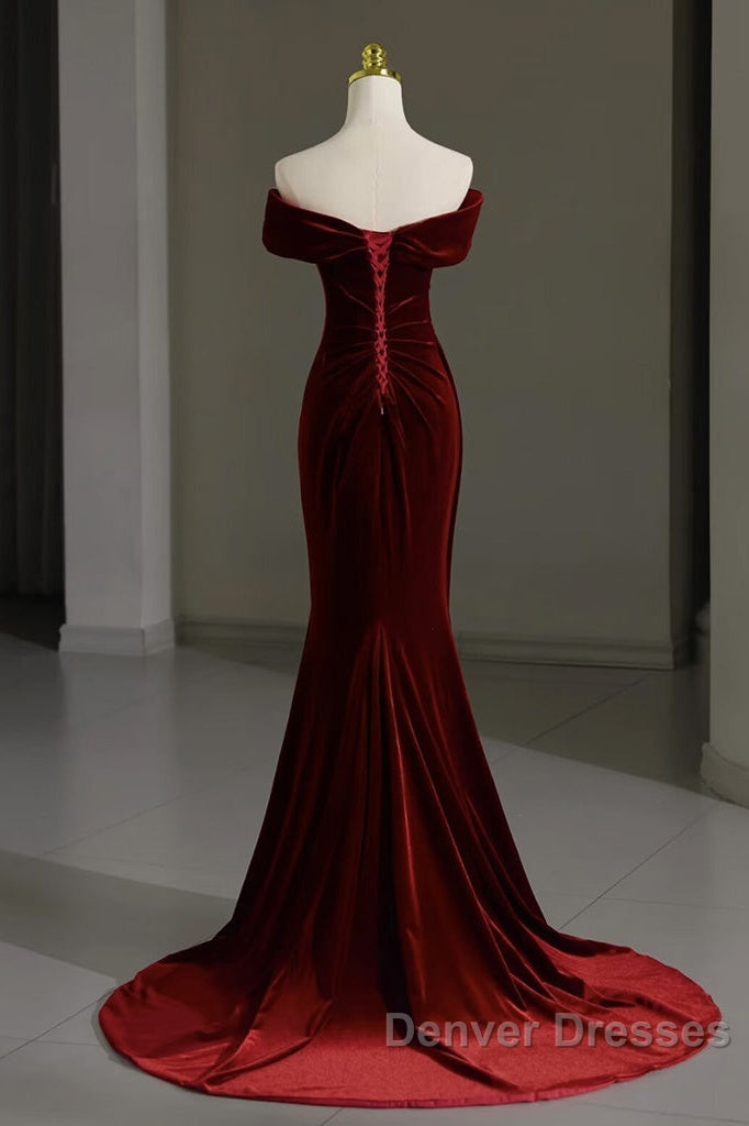 Mermaid Velvet Burgundy Long Prom Dress, Burgundy Long Evening Dress