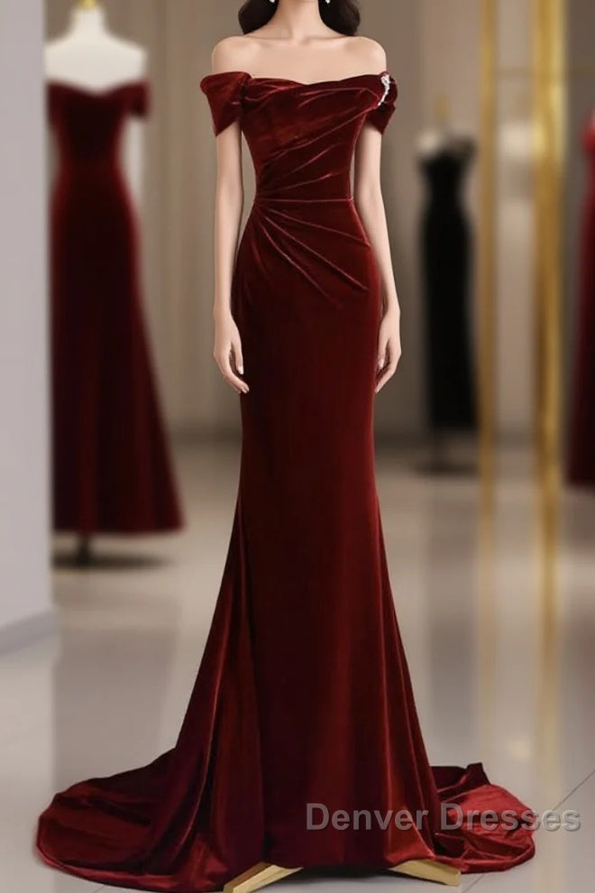 Mermaid Velvet Burgundy Long Prom Dress, Burgundy Long Evening Dress Main image