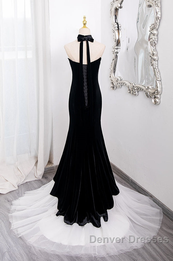 Mermaid Velvet Tulle Black Long Prom Dress, Black Long Formal Dress