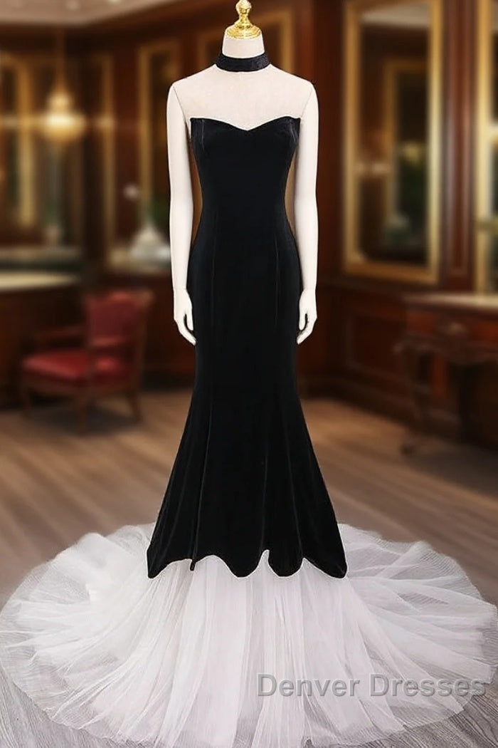 Mermaid Velvet Tulle Black Long Prom Dress, Black Long Formal Dress