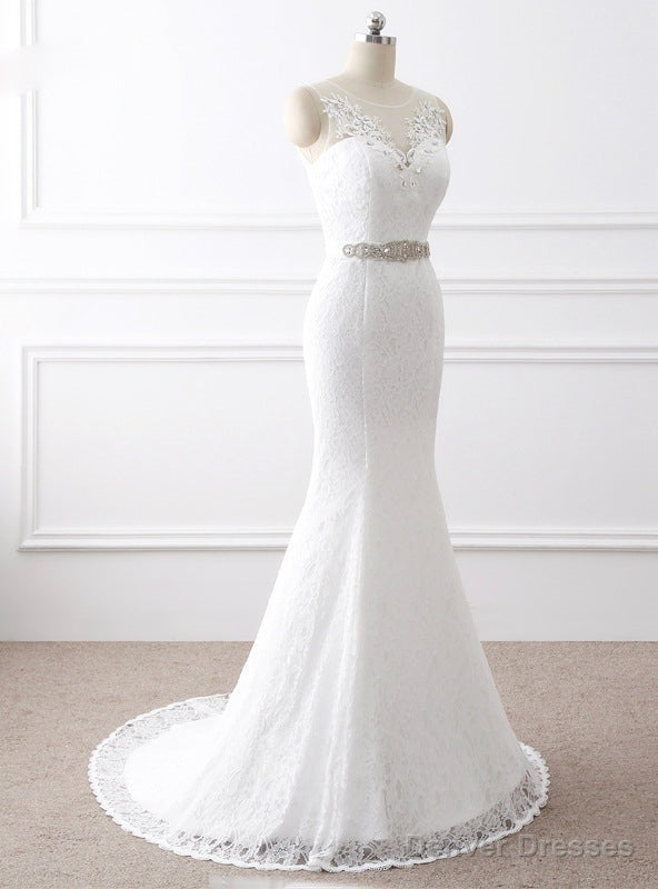 Mermaid White Lace Backless Wedding Dress Main image