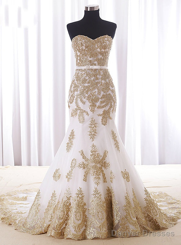 Mermaid White Tulle Gold Lace Sweetheart Wedding Dress Main image